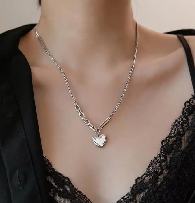 Heart Pendant Chain Necklace, Silver-Tone Curb Link, White Heart Charm - Image 2