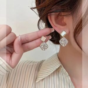 Crystal Drop Earrings, Square Opal Stone and Rhinestone Design