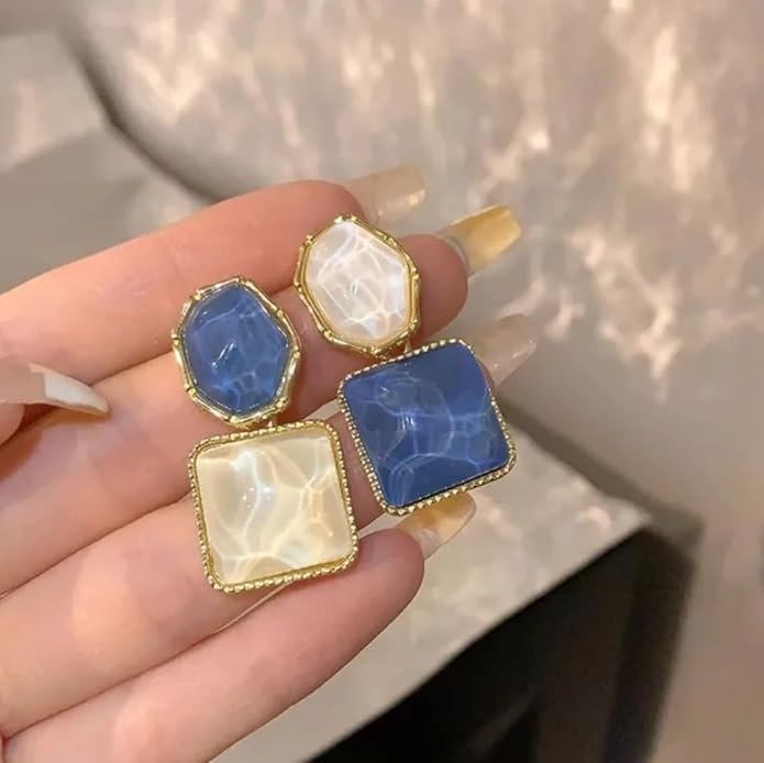 Geometric Drop Earrings, Blue and White Marble Effect - Image 2