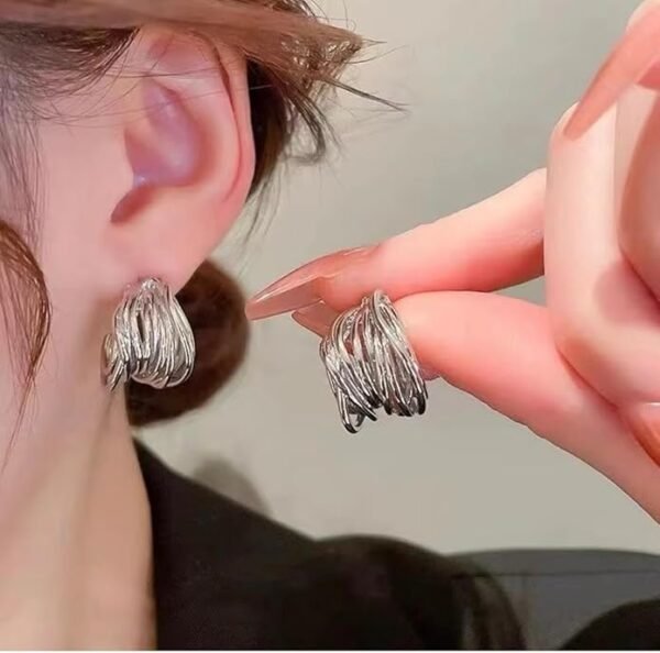 Twisted Layered Hoop Earrings, Silver-Toned, Wave Design, Semi-Circle Shape - Image 2