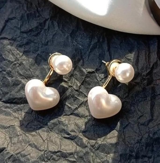 Pearl Heart Drop Earrings, Gold-Tone Stud, Iridescent White - Image 3