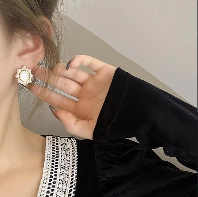 Elegant Pearl Stud Earrings, Gold-Toned Floral Design, White Pearl Centre with Small Pearl Accents - Image 4