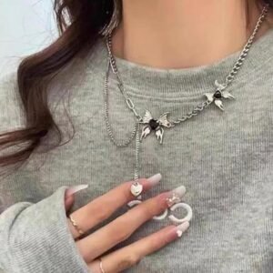 Elegant Floral Necklace with Heart Pendant, Black Crystal Accent