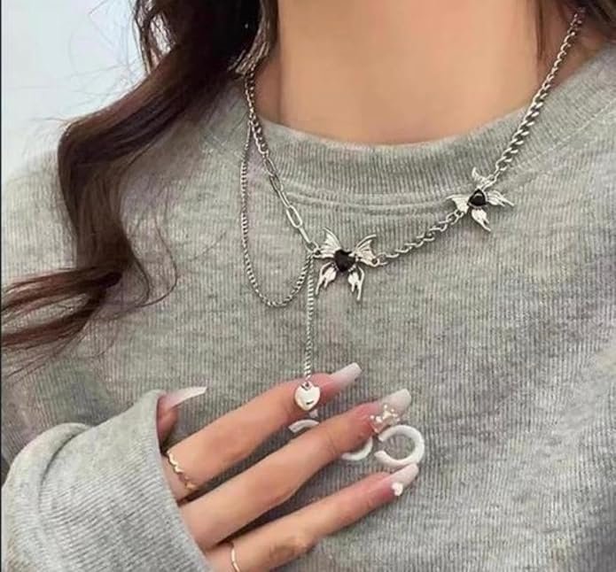 Elegant Floral Necklace with Heart Pendant, Black Crystal Accent