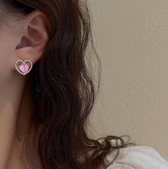 Pearl Heart Stud Earrings with Pink Peach Design, Gold-Toned - Image 2