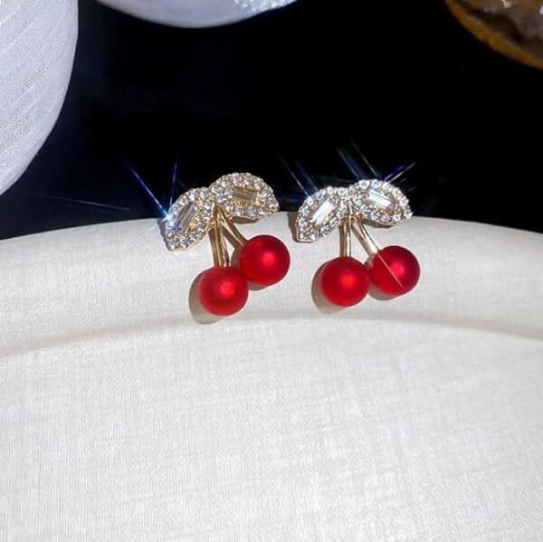 Crystal Cherry Stud Earrings, Red Pearl Cherries with Rhinestone Leaves - Image 4