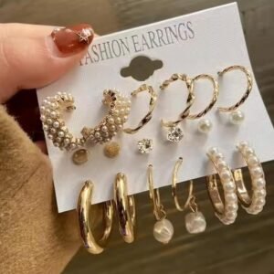 Fashion Earrings Set, 9 Pairs, Gold-Tone Hoops with Pearl and Crystal Accents