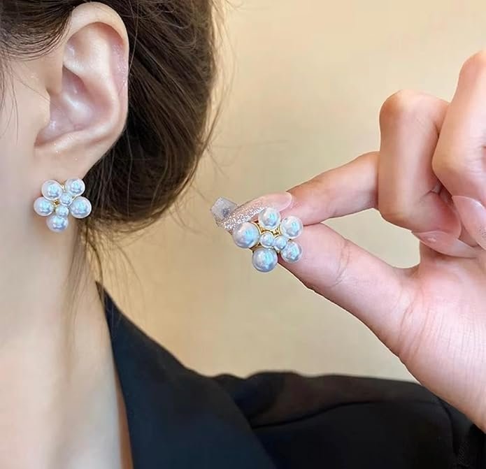 Faux Pearl Cluster Stud Earrings, Gold-Tone Base, Cream White - Image 4