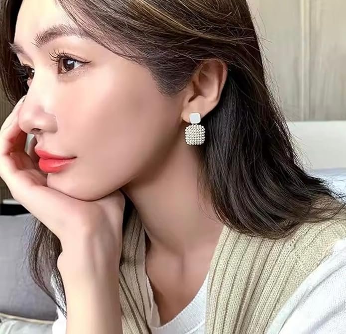 Pearl Drop Earrings, Square Mother of Pearl Stud - Image 4