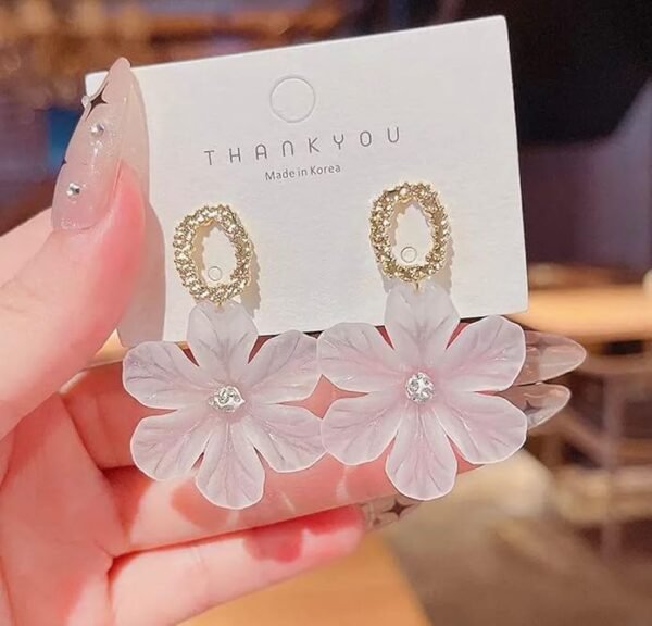 White Shell Flower Drop Earrings with Gold-Tone Textured Ring - Image 3