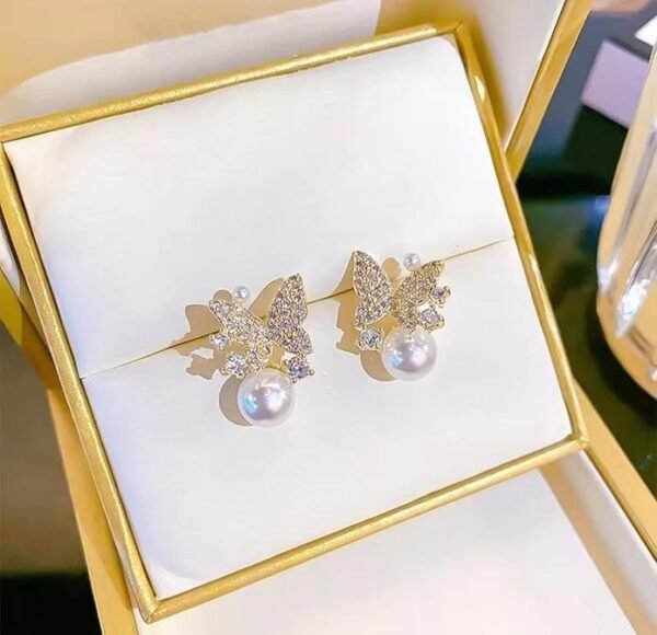Crystal Butterfly Pearl Stud Earrings, Gold-Plated, Rhinestone Embellished - Image 4
