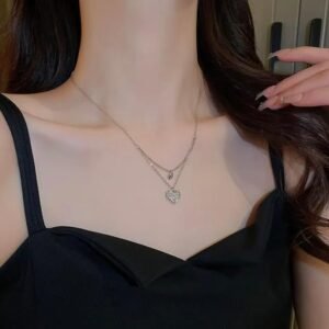 Layered Heart Pendant Necklace, Silver-Toned Chain, Adjustable Length