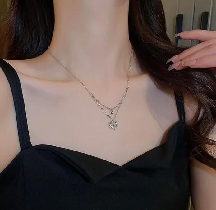 Layered Heart Pendant Necklace, Silver-Toned Chain, Adjustable Length