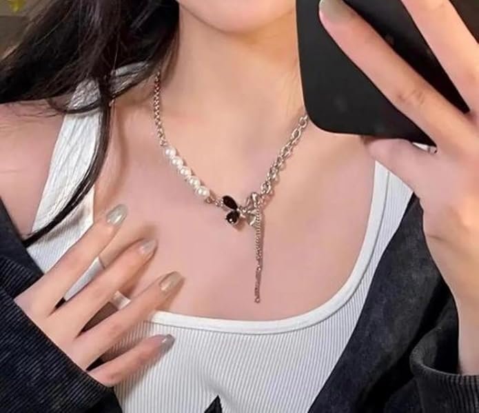 Elegant Pearl and Silver Double Chain Necklace with Butterfly Charm - Image 3