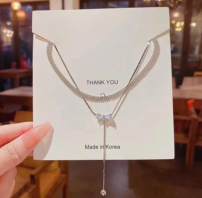 Double Layer Crystal Bow Necklace, Adjustable Length