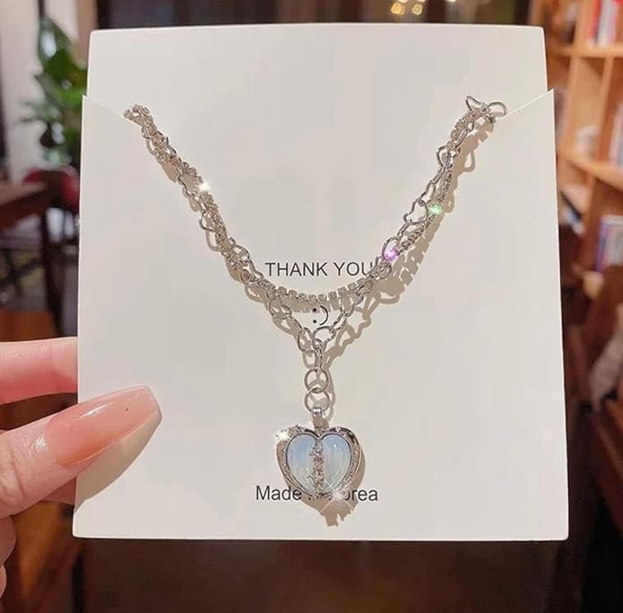 Heart Pendant Chain Necklace, Decorative Heart Charm with Crystal Accent - Image 2