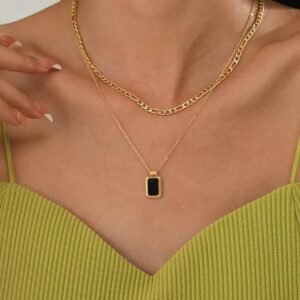 Layered Chain Necklace with Black Pendant, Gold-Toned, Double Strand Design