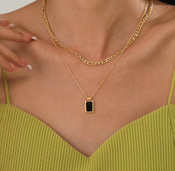 Layered Chain Necklace with Black Pendant, Gold-Toned, Double Strand Design