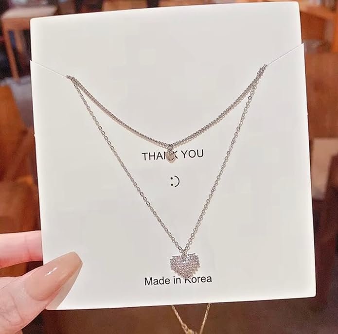 Layered Heart Pendant Necklace, Silver-Toned Chain, Adjustable Length - Image 3