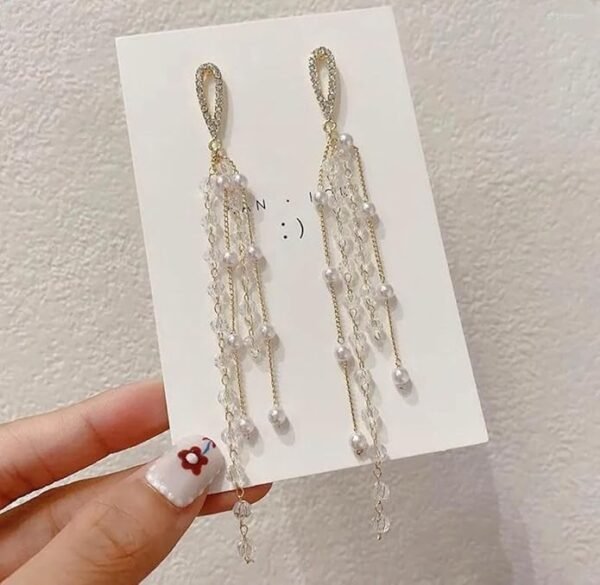 Crystal Pearl Dangle Earrings, Gold-Toned Chain Tassel - Image 5