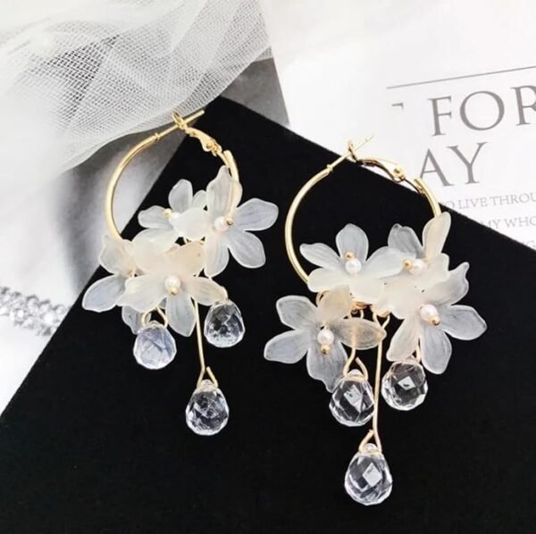 Floral Hoop Earrings with White Acrylic Flowers and Crystal Drops - Image 2