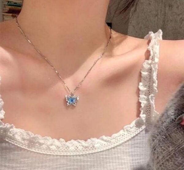 Blue Butterfly Crystal Pendant Necklace, Silver Chain - Image 4