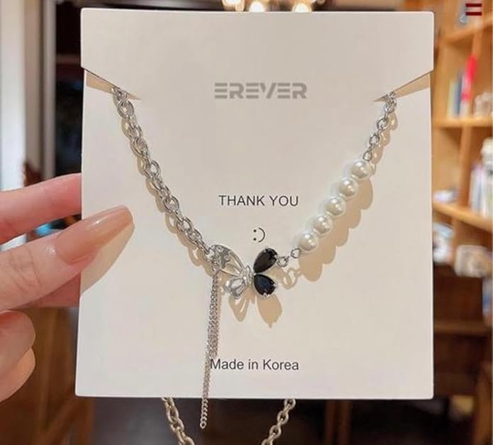 Elegant Pearl and Silver Double Chain Necklace with Butterfly Charm - Image 4