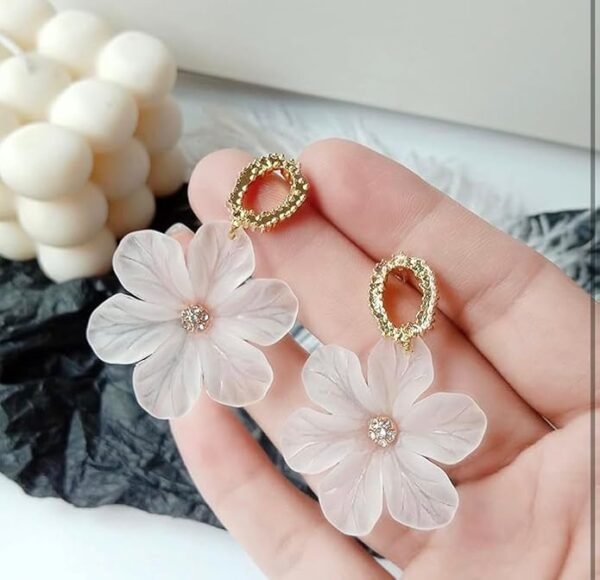 White Shell Flower Drop Earrings with Gold-Tone Textured Ring - Image 2