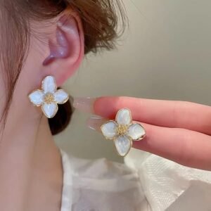 White Floral Stud Earrings, Gold-Tone Trim, Pearl-Effect Petals, 4-Petal Design