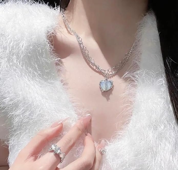 Heart Pendant Chain Necklace, Decorative Heart Charm with Crystal Accent - Image 3