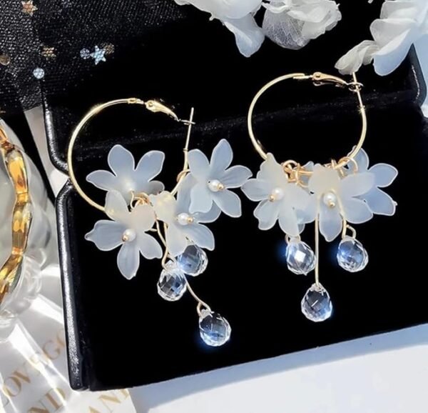 Floral Hoop Earrings with White Acrylic Flowers and Crystal Drops - Image 4