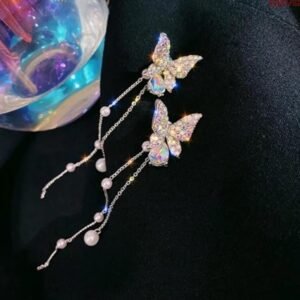Crystal Butterfly Dangle Earring, Pearl Beaded Chain, Silver