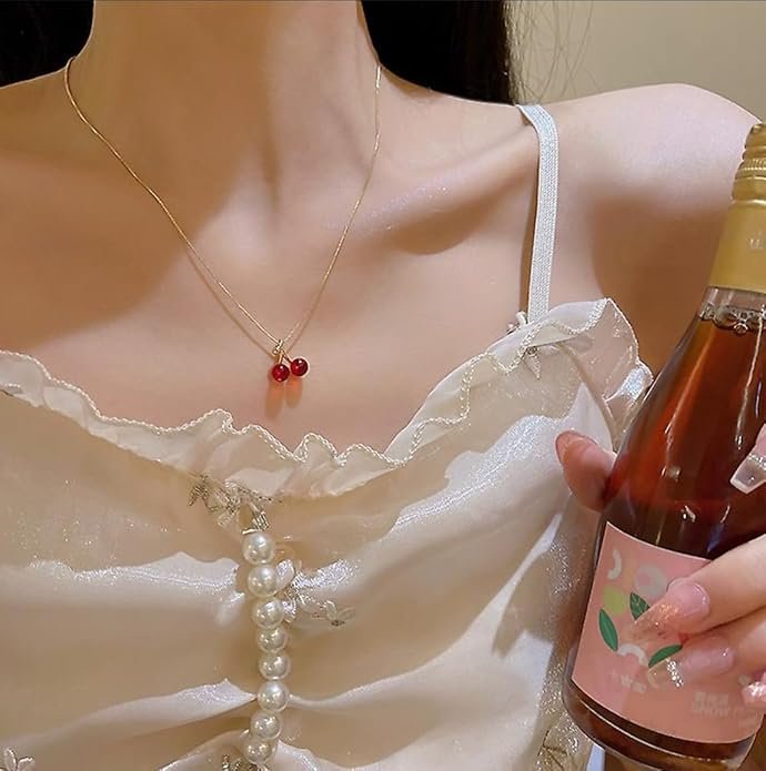 Dainty Cherry Pendant Necklace, Gold-Plated Chain, Red Enamel Charm - Image 5