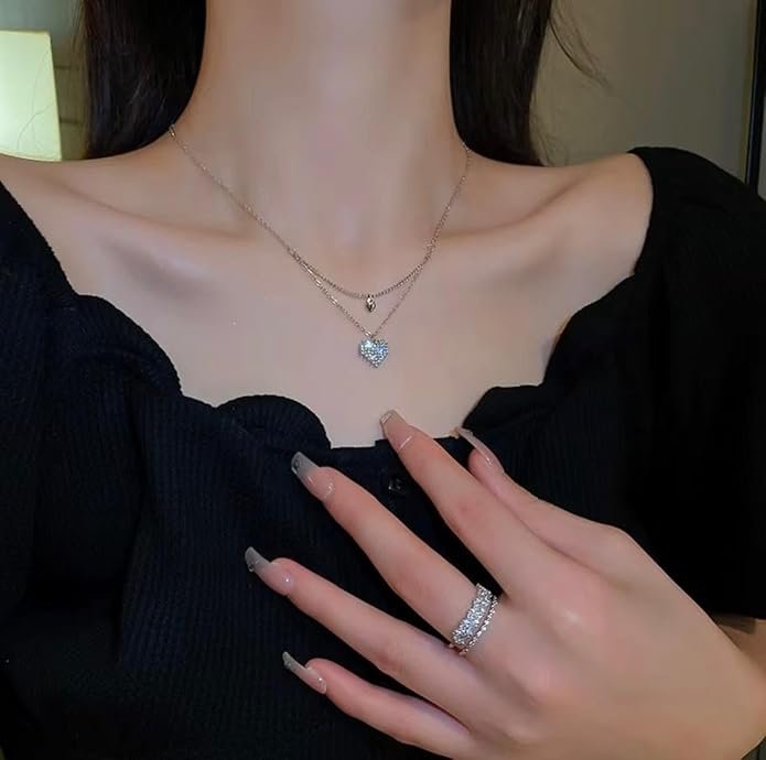 Layered Heart Pendant Necklace, Silver-Toned Chain, Adjustable Length - Image 2