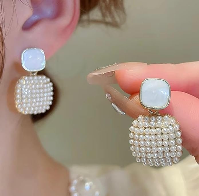 Pearl Drop Earrings, Square Mother of Pearl Stud - Image 3