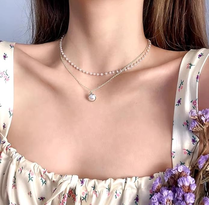 Layered Pearl Necklace, Gold-Plated Chain with Pearl Pendant, Double Strand Design - Image 2