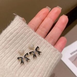 Bow Stud Earrings with Pave Rhinestones, Black and Gold