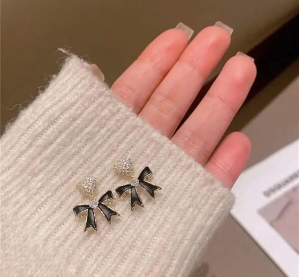 Bow Stud Earrings with Pave Rhinestones, Black and Gold