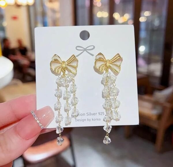 Crystal Drop Dangle Earrings with Gold Bow, Long Tiered Design - Image 3