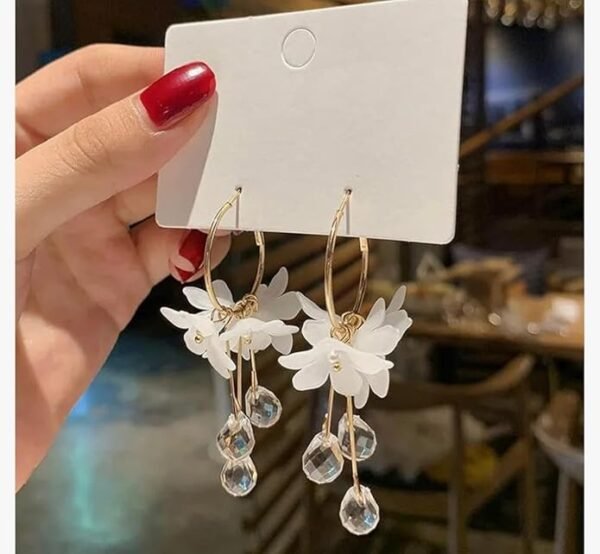 Floral Hoop Earrings with White Acrylic Flowers and Crystal Drops