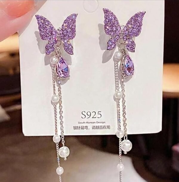 Crystal Butterfly Drop Earrings with Pearl Beads, Purple, Silver Chain Dangle - Image 2