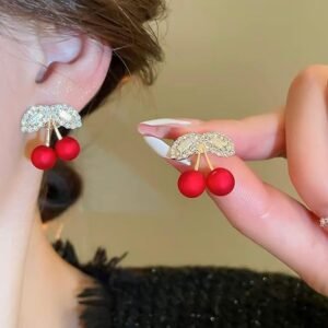 Crystal Cherry Stud Earrings, Red Pearl Cherries with Rhinestone Leaves