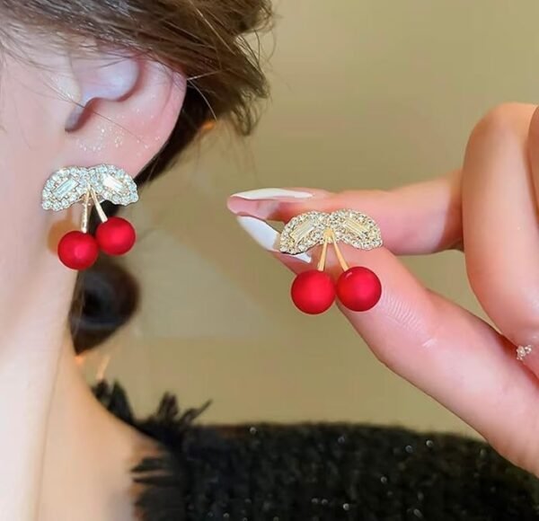 Crystal Cherry Stud Earrings, Red Pearl Cherries with Rhinestone Leaves