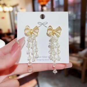 Crystal Drop Dangle Earrings with Gold Bow, Long Tiered Design