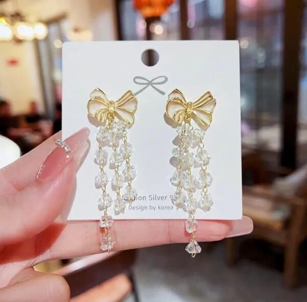 Crystal Drop Dangle Earrings with Gold Bow, Long Tiered Design