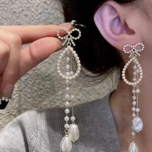 Elegant Pearl Drop Earrings, Scissors Design with Crystal Accents