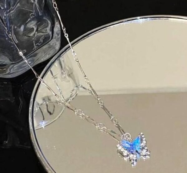 Blue Butterfly Crystal Pendant Necklace, Silver Chain - Image 3