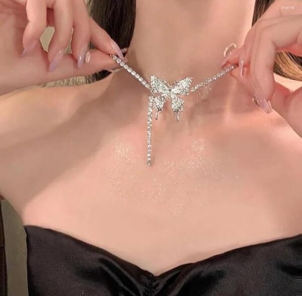Crystal Butterfly Necklace, Rhinestone Tennis Chain - Image 2