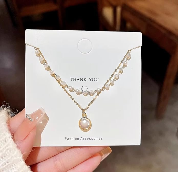 Layered Pearl Necklace, Gold-Plated Chain with Pearl Pendant, Double Strand Design - Image 4