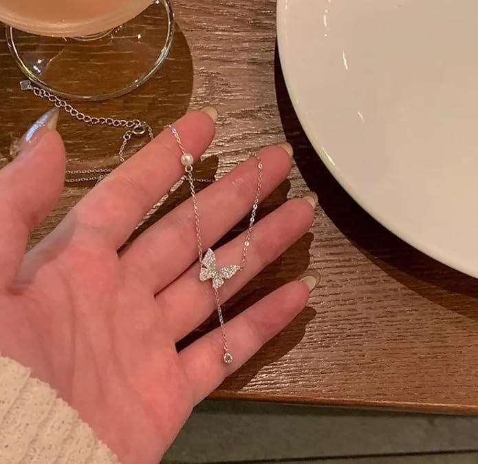 Elegant Butterfly Crystal Pendant Necklace, Silver Chain with Rhinestone Drop - Image 2